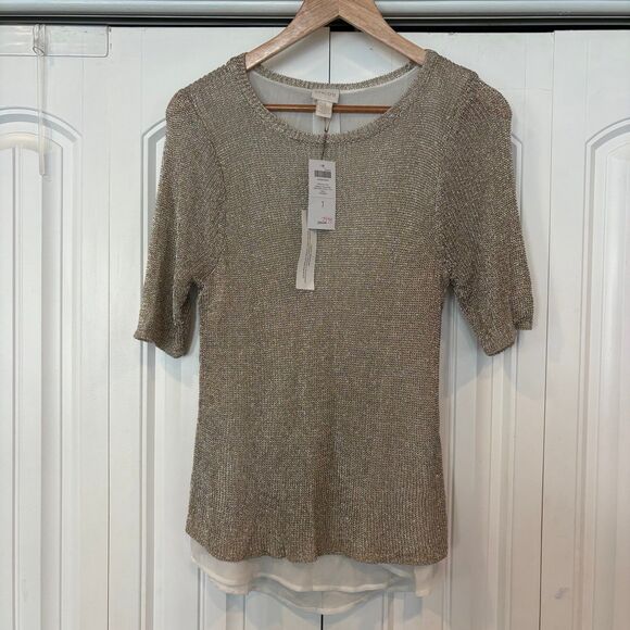 Chico’s Gold Metallic Mix Ainsley Pullover Sweater Size 1 (M/8) - Picture 1 of 8